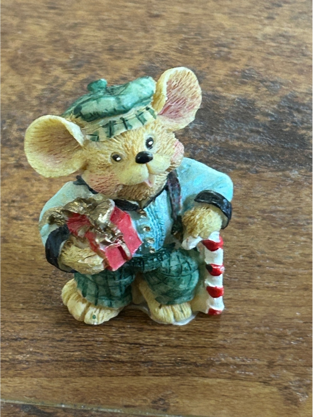 Small Decorative Mouse Figurine in Green Plaid Outfit Holding Gift and Candy